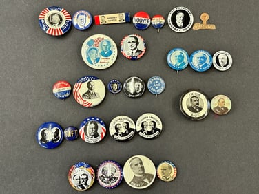 (28) Early President Celluloid Pinbacks; McKinley, Taft, Coolidge, Cleveland, Harding, Truman,