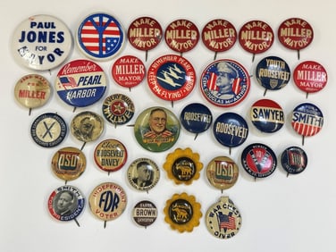 (34) Group of Early Celluloid Political Buttons, and Pins