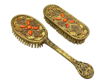 Antique Gold Tone Coral Cabochon Dresser Brushes