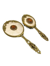 Antique Gold Tone Dresser Brush and Mirror With Citrine Colored Stone