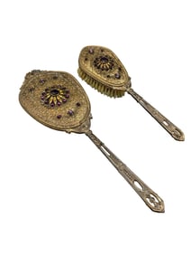 Antique Gold Tone Dresser Brush and Mirror With Amethyst and Colored Cut Stones