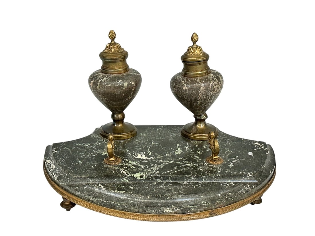 Bronze and Green Marble Double Inkstand: Bronze and Green Marble Double Inkstand: 7" tall, 11.5" long, 8.5" deep.