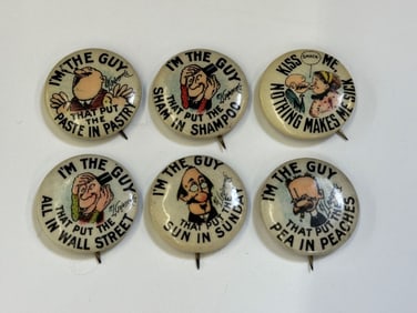 (6) Tokio Cigarettes Cartoon Pinbacks