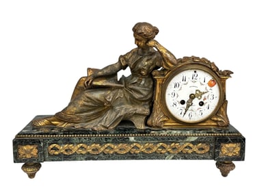 French Empire Bronze Gilt Bronze and Marble Figural Mantle Clock
