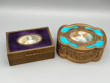 (2) Victorian Dresser Boxes Hand Painted Portraits