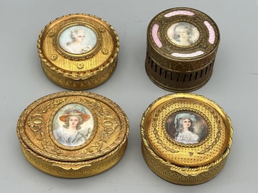 (4) Guilloche Enamel Lidded Dresser Boxes Hand Painted Portraits