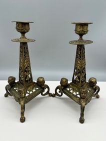 Pair Brass Candle Sticks Putti Detail