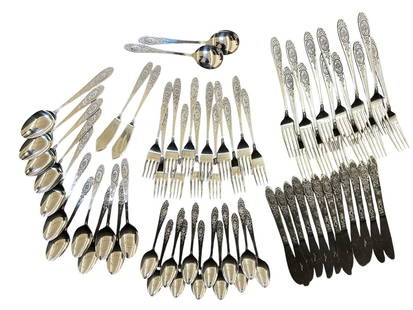 (64) Pieces Stainless Flatware Victorian Rose Japan: (64) Pieces Stainless Flatware Victorian Rose Japan: Includes 12 of each knives, dinner forks, salad forks, soup spoons, tea spoons, (2) of each spreaders, sugar spoons.