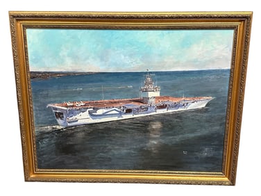 Oil on Canvas Aircraft Carrier Signed Avis 1971