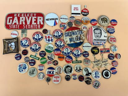 Large Group of Political Buttons and Pin Backs, Memorabilia: Large Group of Political Buttons and Pin Backs, Memorabilia: Includes matches, bike license, buttons and others.