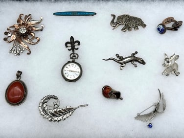 (11) Sterling Silver Brooches, Pendants, Cuff Links