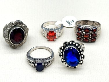(5) Sterling Silver, Garnet and Sapphire Rings