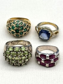 (4) Sterling Silver Rings; Rubies, Emeralds, Tanzanite, Peridots.