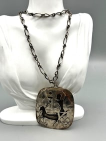 Oversize Sterling Silver Egyptian Revival Pendant With Chain