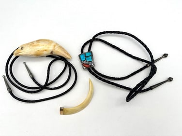 (2) Bolo Ties With Eagle Hand Carved Bone, and Zuni Sterling Silver and Turquoise