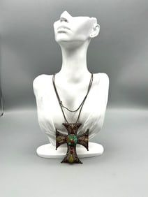 Oversize Sterling Silver Cross With Cabochon Stones With Chain