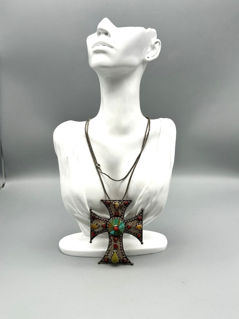 Oversize Sterling Silver Cross With Cabochon Stones With Chain (1 of 2)