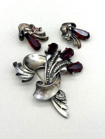 LCL Sterling Silver Brooch and Earrings With Red Rhinestones