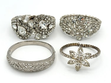 (4) Vintage Clear Rhinestone, Chunky Bracelets