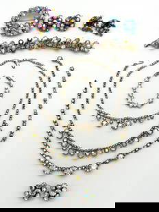Group of Aurora Borealis Jewelry Sets: Group of Aurora Borealis Jewelry Sets: Includes matching 2 necklaces/earring set, necklace bracelet set, Weiss brooch/earring seet, blue earrings, bracelet.