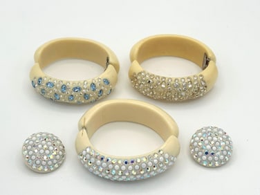 Mid Century Lucite Rhinestone Bangle Bracelets, Earrings