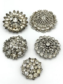 (5) Vintage Costume Brooches With Clear Rhinestones