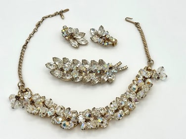 Barclay Necklace, Brooch, & Earring Set With Rhinestones.
