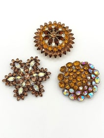 (3) Large Floral Rhinestone Brooches