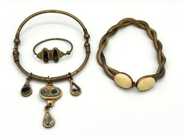 (2) Artisan Brass Chokers With Inlay Stones