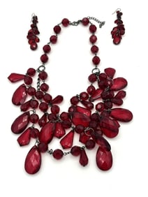 Multi Strand Red Thermoplastic Drop Bead Necklace and Earring Set