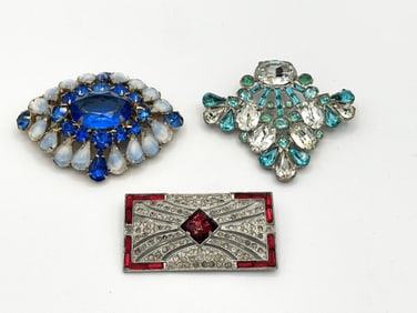 (3) Vintage Rhinestone Art Deco Brooches