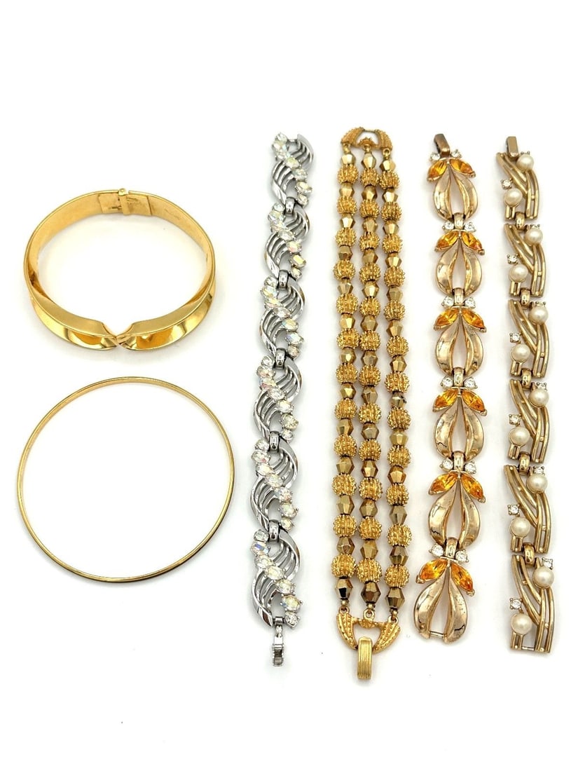 Group of Vintage Crown Trifari Jewelry: Group of Vintage Crown Trifari Jewelry: (4) bracelets, (2) bangle bracelets are enamel.