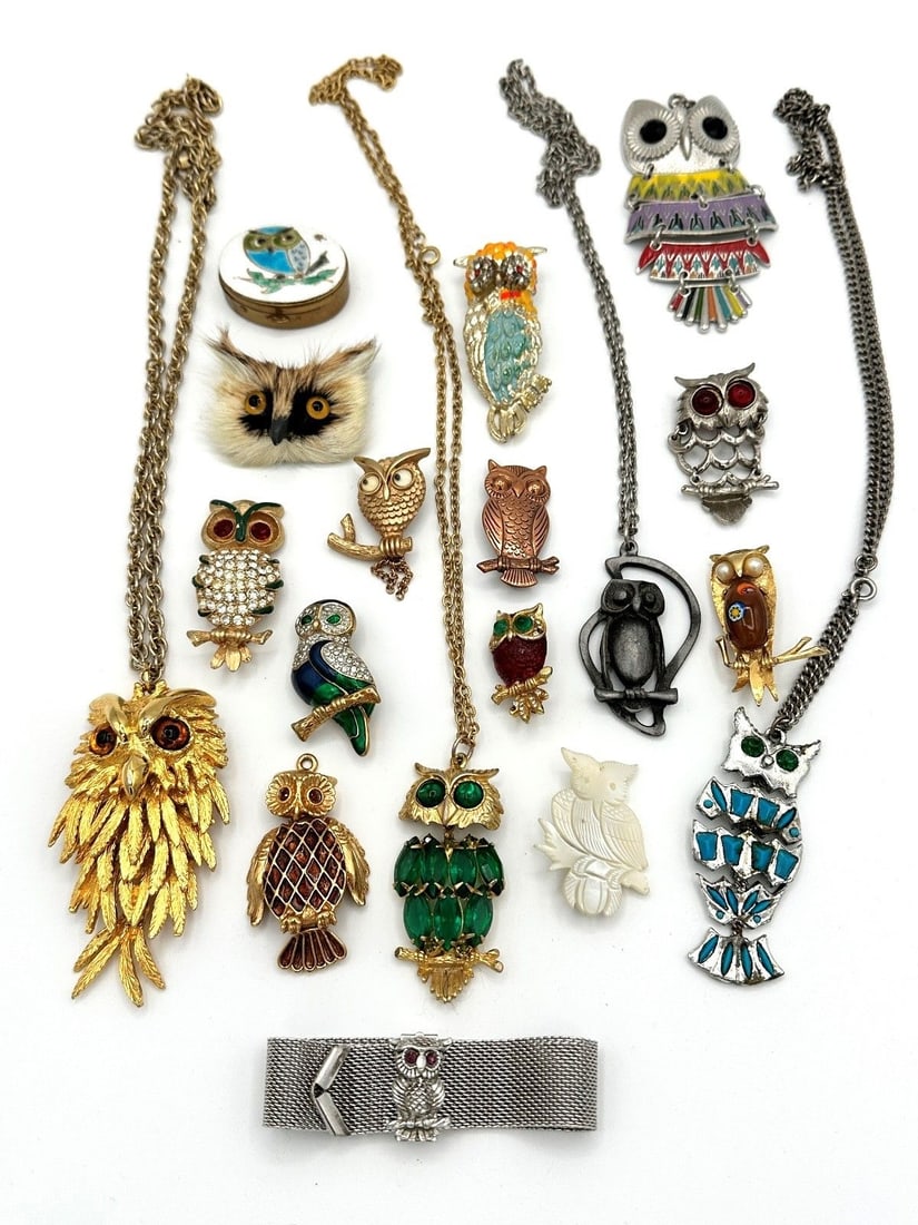 (18) Group of Owl Jewelry: KJL, Enamel, Others: (18) Group of Owl Jewelry: Includes (4) necklaces with pendants, (1) Sarah Cov bracelet, (1) pill box, (2) pendants, (10) brooches. Includes Kenneth J Lane, enamel.