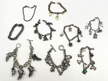 (9) Non-Silver Charm Bracelets Full of Charms