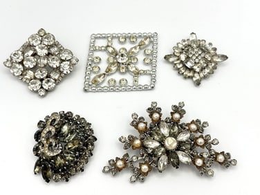 (5) Vintage Costume Brooches With Clear Rhinestones
