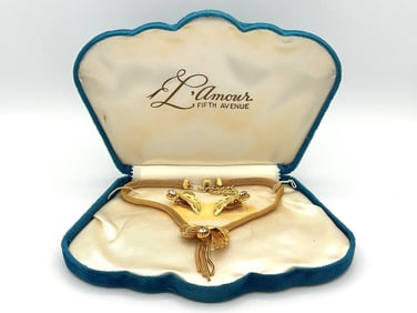 L'Amour Fifth Avenue Gold Tone Statement Necklace and Matching Earrings