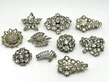 (10) Group of Vintage Clear Rhinestone Brooches: