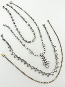 (4) Vintage Clear Multi Strand Rhinestone Necklaces: Kramer of NY, Weiss