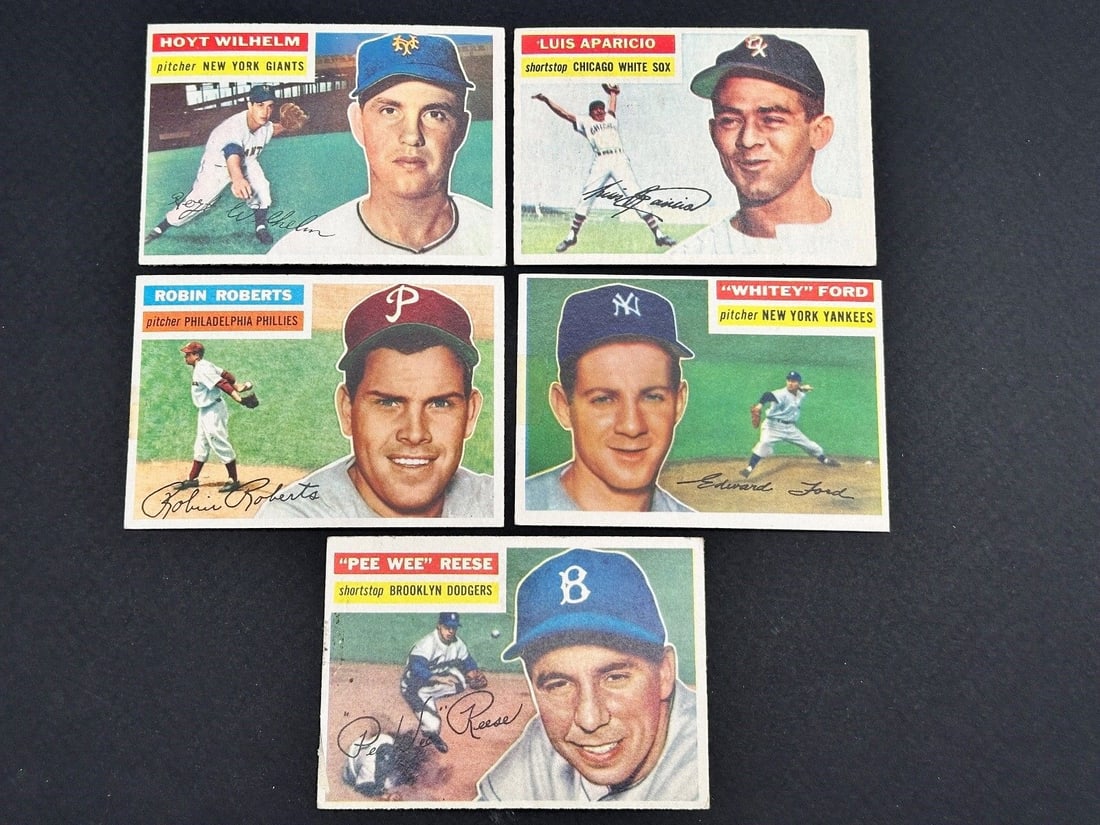 (5) 1956 Topps Baseball Cards: Pee Wee Reese, Luis Aparicio, Hoyt Wilhelm, Whitey Ford, Robin: (5) 1956 Topps Baseball Cards: Pee Wee Reese, Luis Aparicio, Hoyt Wilhelm, Whitey Ford, Robin Roberts: All of these cards have the gray back.
