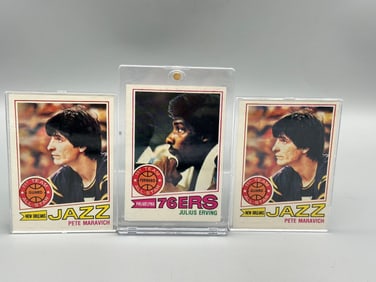 (2) 1977 Pete Maravich #20, (1) 1977 Topps Julius Erving #100 Basketball Cards