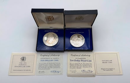 (2) 1974 $10 Silver Coins Jamaica and Barbados