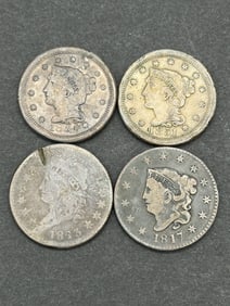 (4) Large Cents; Coronet, Classic, Braided Hair