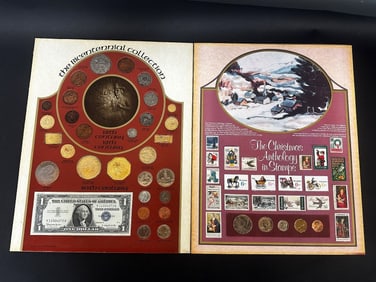 1975 Bicentennial Collection with Real and Replica Coins, & The Christmas Anthology in Stamps 1984