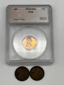 (2) Wheat Pennies, (1) Proof Red Lincoln Cent PR69