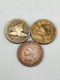 (2) Flying Eagle Pennies, (1) Indian Head Penny