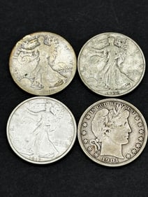 (3) Walking Liberty Silver Half Dollars, (1) Barber Silver Half Dollar
