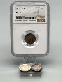 (3) Silver Dimes; 1921 Mercury NGC VG8, 2 Others