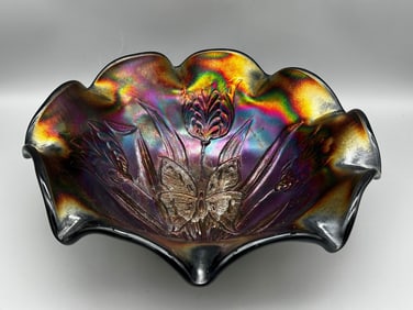 Fenton Glass Butterfly and Tulip Carnival Ruffled Bowl