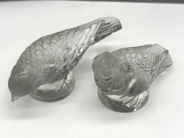 Pair Frosted Crystal Bird Figure Paperweights