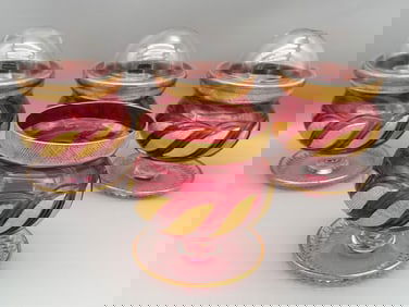 (4) Lidded Cranberry Gold Detail Seafood/Candy Dishes